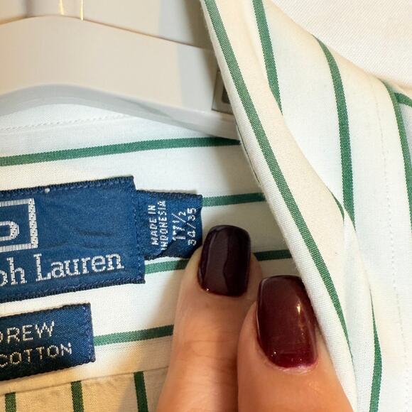 Polo Ralph Lauren Andrew Green White Striped Button Down Shirt Size 17.5/34-35 - Picture 5 of 7